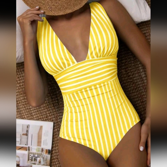Other - Swim Summer Beach Striped Ruched One Piece Swimsuit Yellow Swimsuitone Pie
